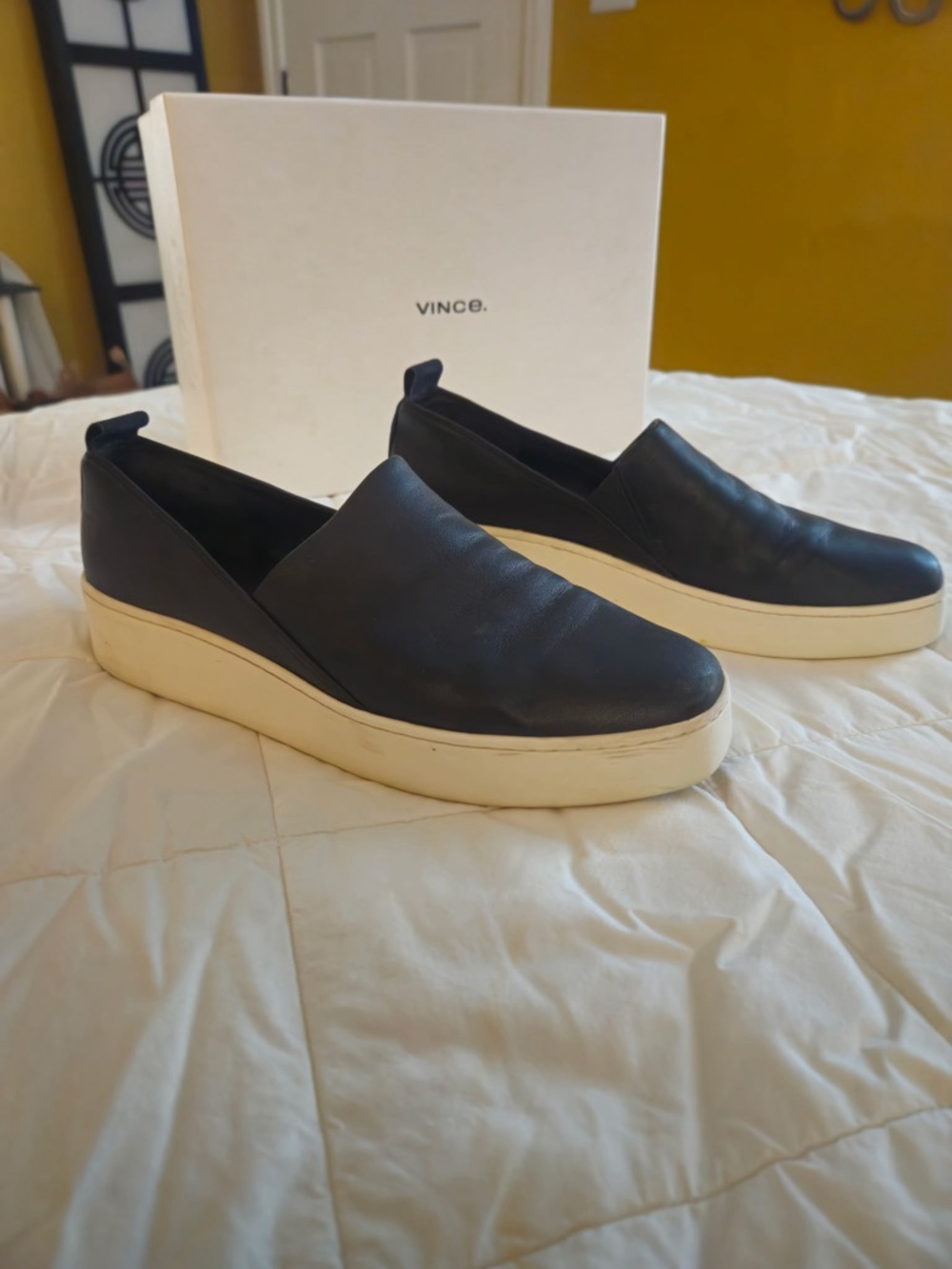 Vince Black Leather Platform Slip-On Sneakers with Cream Sole- size 9